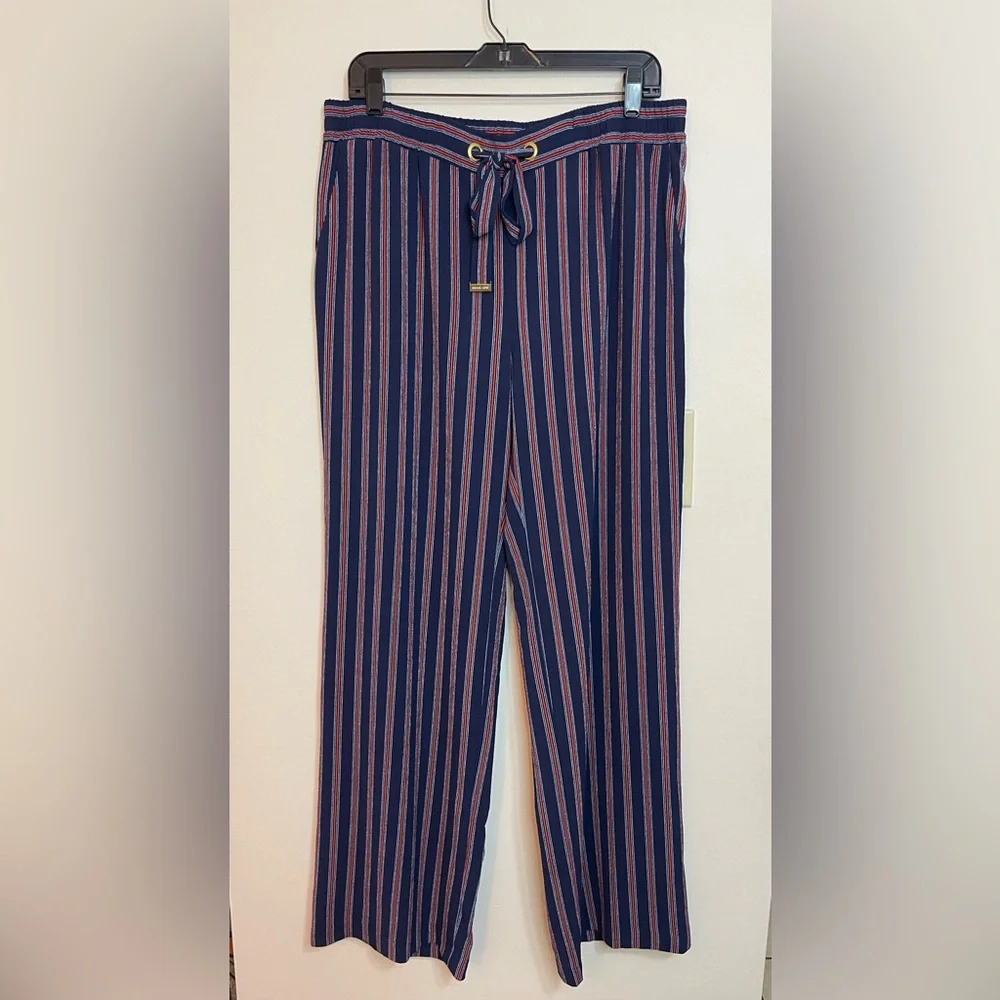 Michael Kors Women’s Stripped Relaxed Wide Leg Elastic Waistband Pockets Sz L.